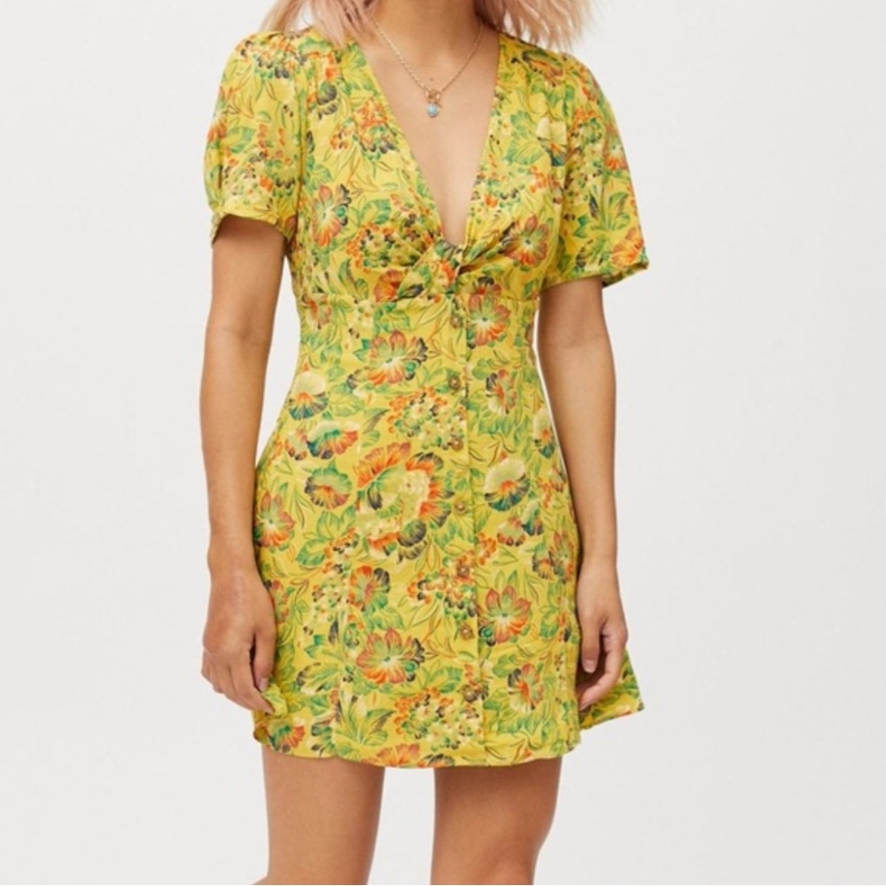 Urban Outfitters Yellow Tropical Floral Print Twist Front Button Down Mini Dress